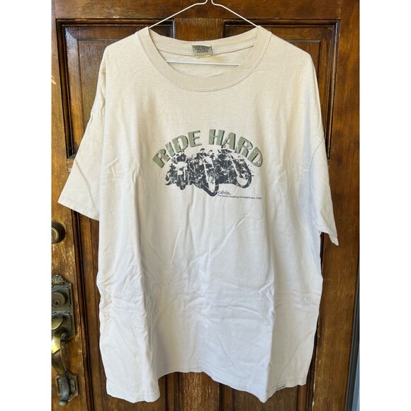 90s Calvin Klein Ride Hard Shirt Short Sleeve Tee Motorcycle | Cream | Size XL - Picture 1 of 10